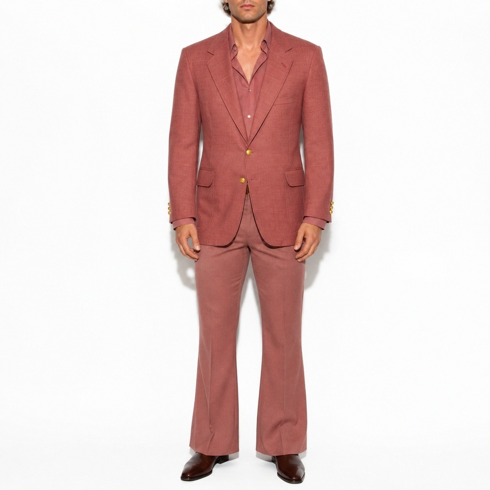 70s Vintage Salmon Pink Polyester Blazer Men 46R Muted Red 2 Button Sport Jacket